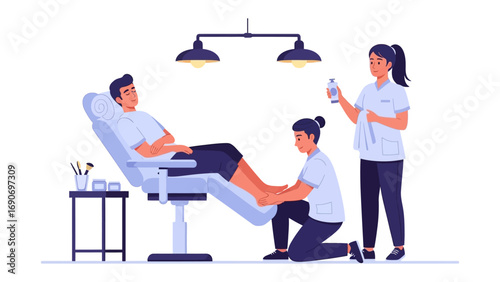 Professional podiatrist carefully examining and treating a male patient s foot in a modern clinic setting with medical equipment