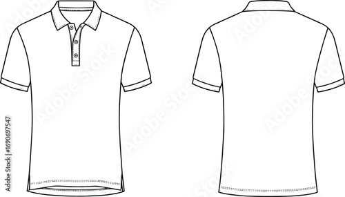 Blank polo shirt vector template outline, front and back view short sleeve polo mockup with collar buttons unisex fashion clothing design illustration