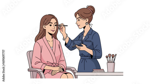 Young woman in a pink robe receiving makeup application from a professional makeup artist with brushes and tools on a table