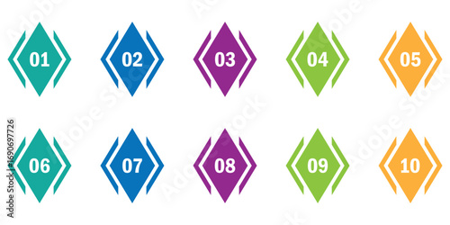 Different colour counting isolated vector icon set. Isolated graphic map pin icon set. Wayfinding point icon set on white page. Infographic keypad play button set. Template vector icon set. 