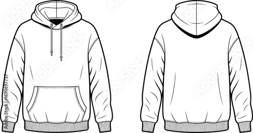 Pullover hoodie vector template, front and back view sweatshirt mockup with kangaroo pocket and drawstring hood casual fashion apparel clothing design illustration