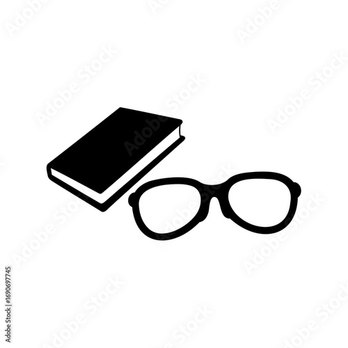 A book and eyeglasses depicted in a minimalist black and white design