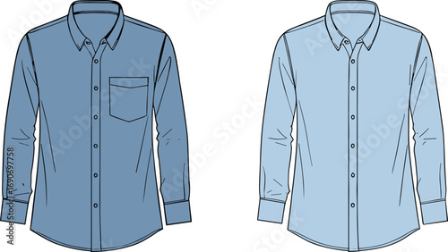 Men’s long sleeve button-up shirt vector template mockup with collar and chest pocket, casual fashion apparel design illustration for clothing and garment outline