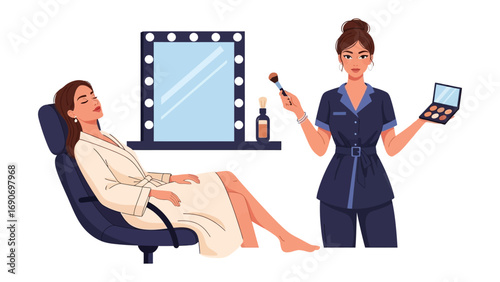 Professional makeup artist applying cosmetics to a relaxed woman sitting in a chair with a vanity mirror and beauty products