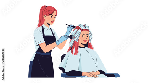 Professional hairstylist applying hair dye with foils to a smiling female client in a salon setting