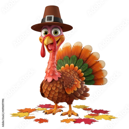 Cute cartoon turkey wearing pilgrim hat isolated on transparent background