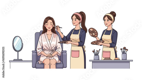 Professional makeup artist applying cosmetic foundation to a young woman s face while another artist holds a palette and brushes in a beauty salon setting