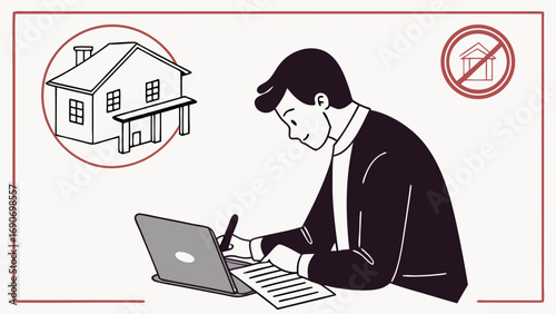 Illustration of person signing a document house and no house symbols contract agreement laptop digital signature.