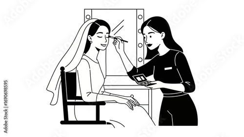 Young woman applying makeup to another woman wearing a headscarf in front of a mirror black and white illustration