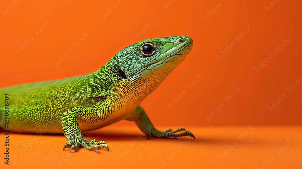 Obraz premium Vibrant green lizard with detailed scales poised on bright orange surface, close-up.
