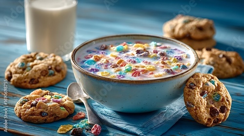 Bowl of fruity pebbles cereal swimming in milk rests on a blue wooden table, accompanied by a glass of milk and colorful chocolate chip cookies for a playful breakfast scene