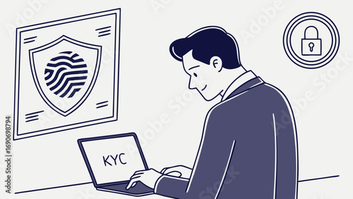 Illustration of person using laptop for KYC verification online security identity verification fingerprint scan data protection.