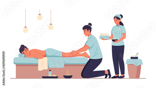 Professional masseuse provides a relaxing leg massage to a client lying on a massage table in a tranquil spa setting with soft lighting
