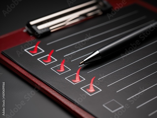 Successfully completed checklist with sleek pen ready for next task in sophisticated office setting