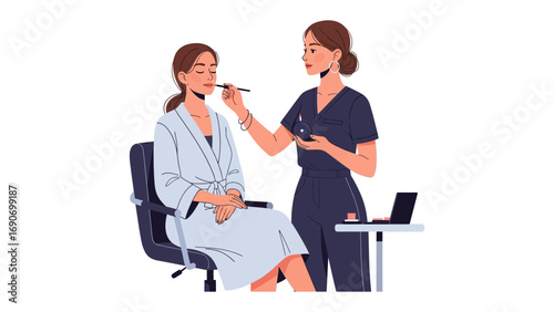 Professional makeup artist applying cosmetic makeup to a woman s face with a brush in a beauty salon setting