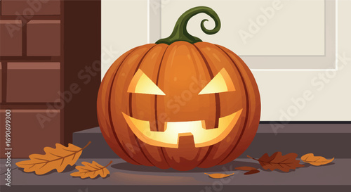 A friendly glowing jack-o'-lantern pumpkin with a smiling face, depicted in a simplified 2D vector style, sits on a doorstep with scattered autumn leaves against a clean white background.