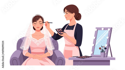 Bride getting makeup applied by a professional makeup artist in a salon setting with a mirror and beauty supplies
