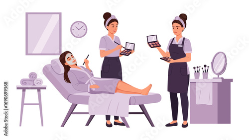 Two professional beauticians applying facial treatments and makeup to a relaxed woman lying on a spa bed in a salon
