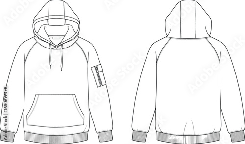 Blank pullover hoodie vector template outline, front and back view sweatshirt mockup with kangaroo pocket and sleeve pocket unisex casual apparel fashion illustration