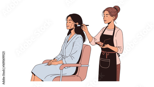 Professional hairstylist carefully styling a woman s long dark hair with scissors and comb in a salon setting