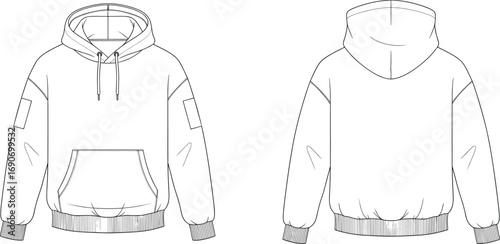 Blank pullover hoodie vector template outline, front and back view sweatshirt mockup with kangaroo pocket and sleeve patches unisex casual apparel clothing fashion illustration