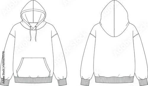 Blank pullover hoodie vector template outline, front and back view sweatshirt mockup with kangaroo pocket unisex casual apparel clothing fashion design illustration isolated