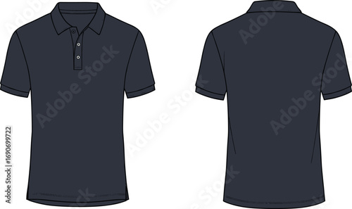 Blank polo shirt vector template outline, front and back view short sleeve polo mockup with collar and buttons unisex casual apparel fashion clothing design