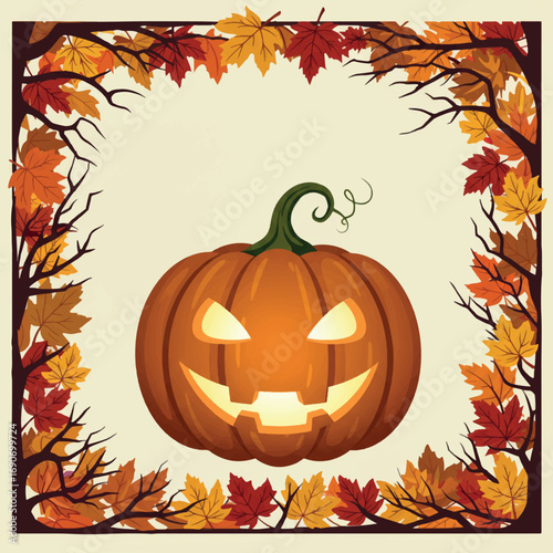 Happy jack-o'-lantern border design with autumn leaves and bare tree branches.