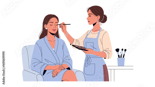 Professional makeup artist applying cosmetic makeup to a smiling woman sitting in a chair in a beauty salon