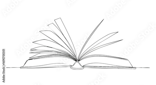 Minimalist line art drawing of an open book with fanned pages, symbolizing knowledge, learning, and storytelling.