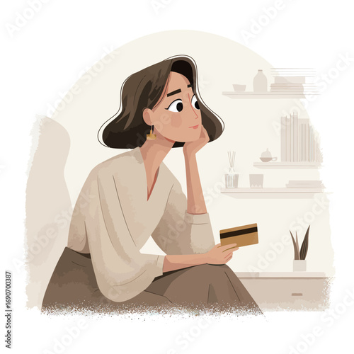 A woman sits thoughtfully on a chair, holding a credit card, lost in contemplation in a well-decorated interior filled with plants and shelves.