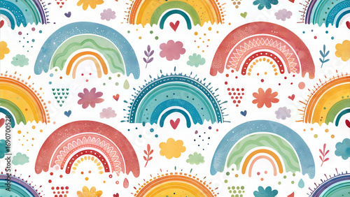 Seamless Pattern of Vibrant Rainbows on White Background
