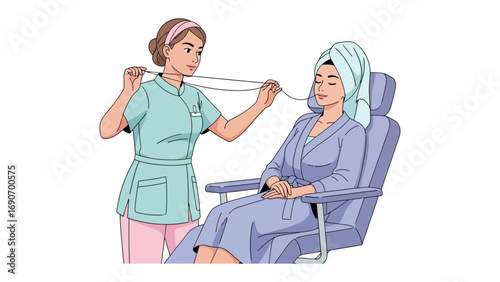 Nurse adjusting equipment on patient in medical chair for treatment or procedure with white background