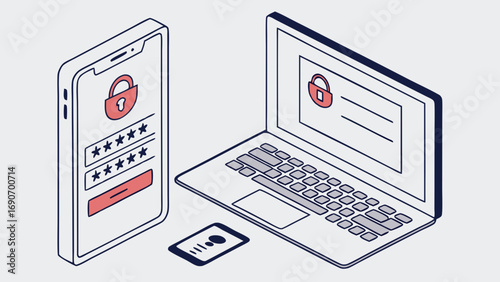 Isometric illustration of smartphone and laptop showing password login screen with lock icon for secure access and data protection.