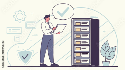 IT professional reviewing data on server data security successful project completion approved checklist.