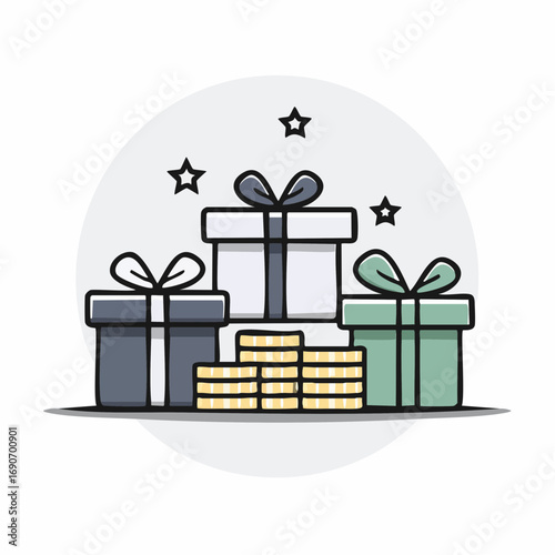 A simple vector icon illustration of gift boxes and gold coins representing rewards, bonuses, and prizes for a loyalty program