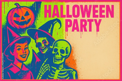 Retro neon Halloween party poster with witch, skeleton and pumpkin. Perfect for party invitations, seasonal flyers, promotions, and social media ads with copy space. 
