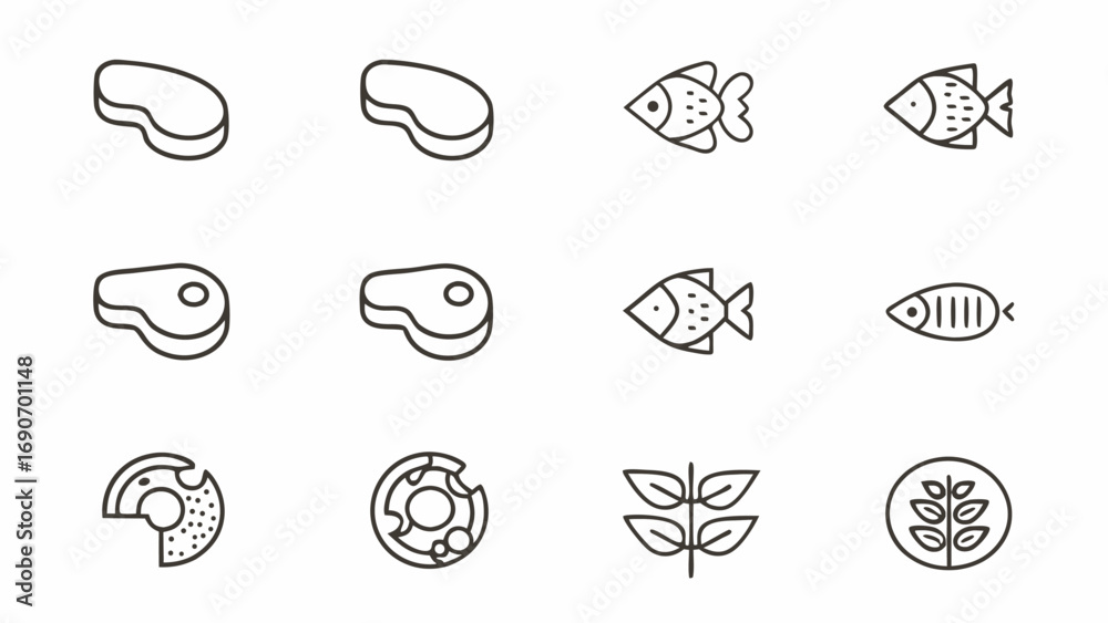 Naklejka premium Illustration of various food icons including meat cuts fish donuts and plant based food in a simple line art style