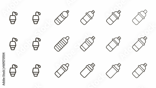 Various outlined water bottles and tea infusers arranged in a grid pattern on a white background