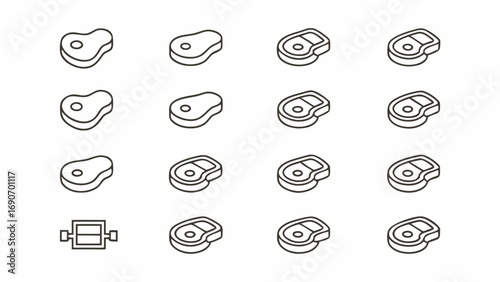Isometric outline illustration of sixteen meat cuts arranged in a grid with one grill icon