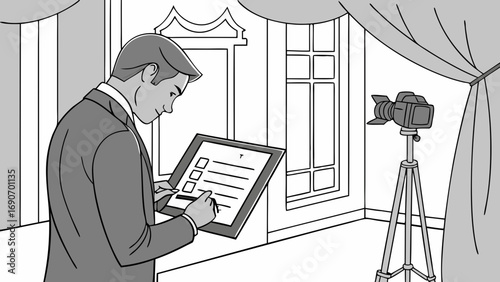 Man in suit filling out a checklist in front of a camera on a tripod.