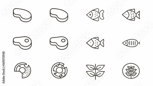 Illustration of various food icons including meat cuts fish donuts and plant based food in a simple line art style