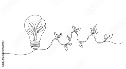 Line art of a lightbulb with leaves inside, connected to a vine with leaves.