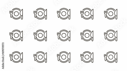 Pattern of minimalist line art icons featuring a plate with a fork and knife arranged in a grid layout
