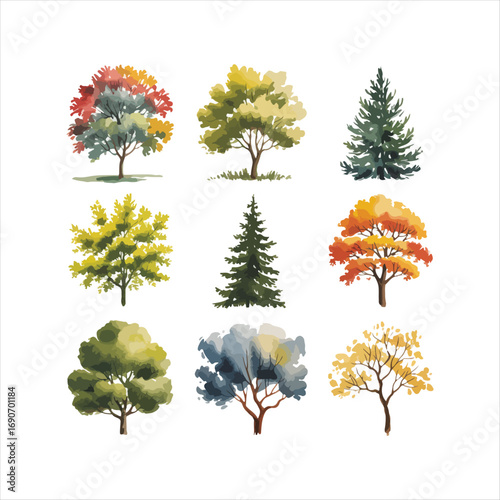 Flat green trees vector illustration set