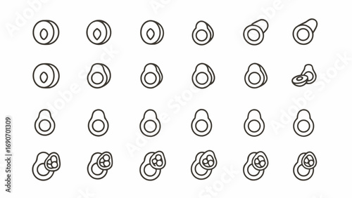 A collection of twenty four avocado icons in various forms arranged in a rectangular grid pattern