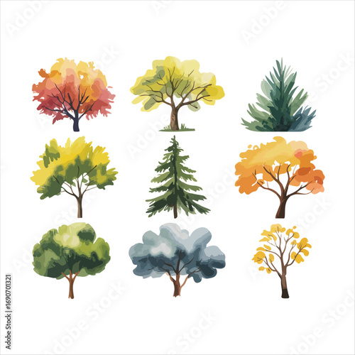 Flat green trees vector illustration set