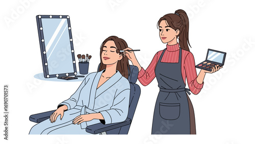 Professional makeup artist applying cosmetic makeup to a woman sitting in a chair in front of a lighted mirror