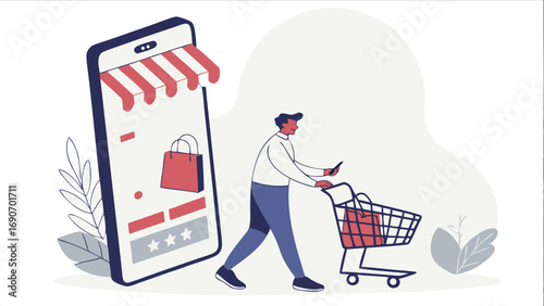 Mobile Shopping Online Retail E-commerce Person Pushing Shopping Cart Smartphone Store Digital Marketing Customer Experience Online Purchase Retail Therapy Shopping App Customer Journey Digital Comme.