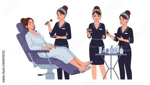 Professional makeup artists applying cosmetic products to a seated woman in a beauty salon chair with a white background